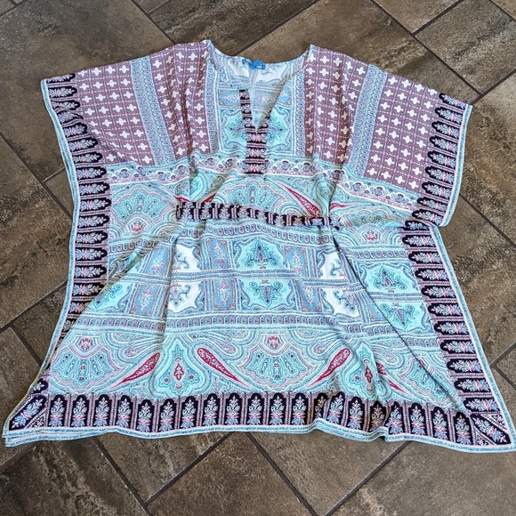 Beach Cover Up Boho Tunic Flowy Top Size S Pink Blue Multiprint - Picture 2 of 12
